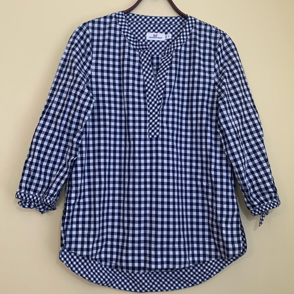 Vineyard Vines 100% Cotton Mixed Gingham Tie Sleeve High Low Hem Pullover Top S - Picture 3 of 17